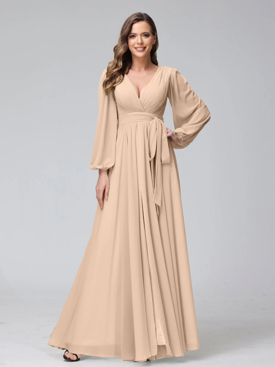 A-Line V-Neck Long Sleeves Chiffon Long Bridesmaid Dresses With Ruffles Split Side - Image 28