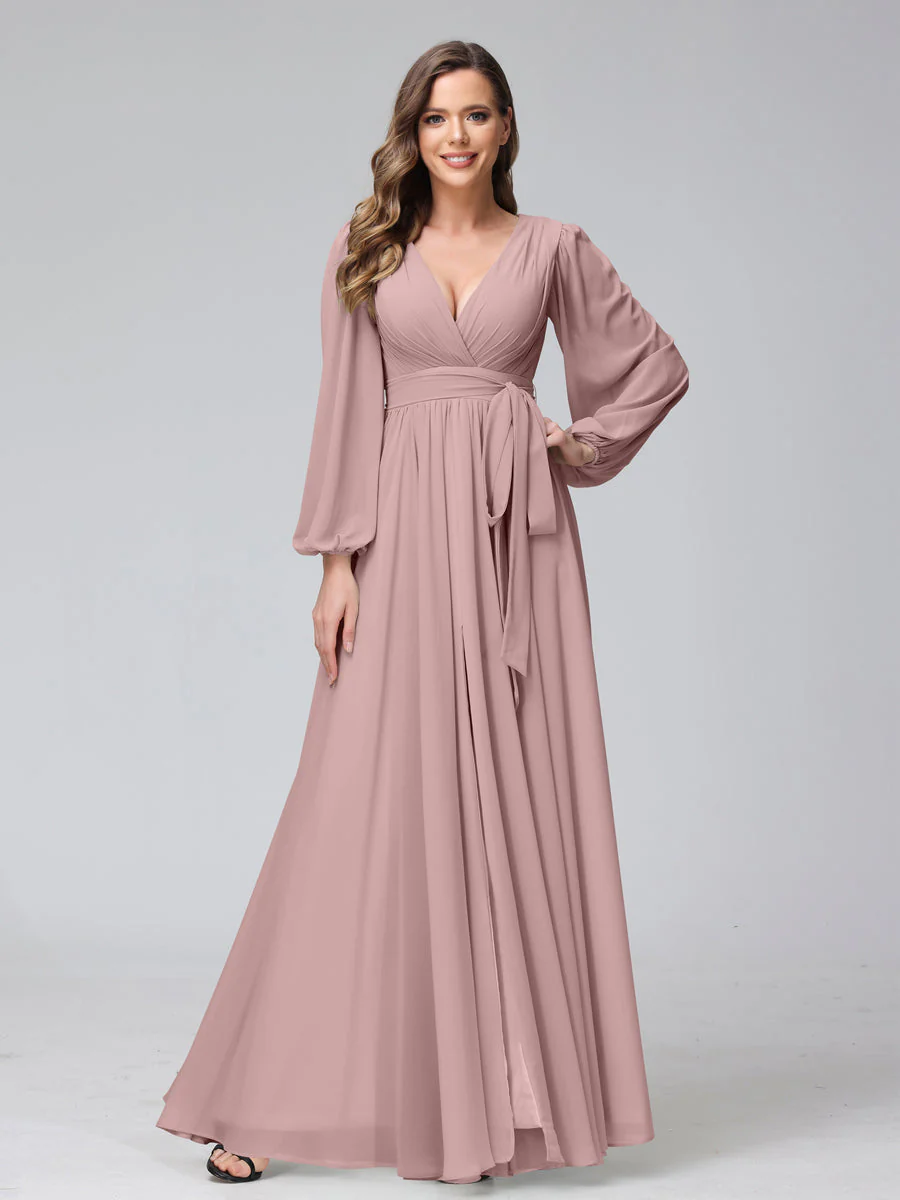 A-Line V-Neck Long Sleeves Chiffon Long Bridesmaid Dresses With Ruffles Split Side - Image 29