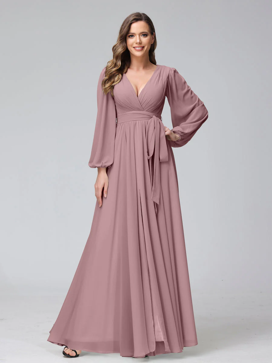 A-Line V-Neck Long Sleeves Chiffon Long Bridesmaid Dresses With Ruffles Split Side - Image 30