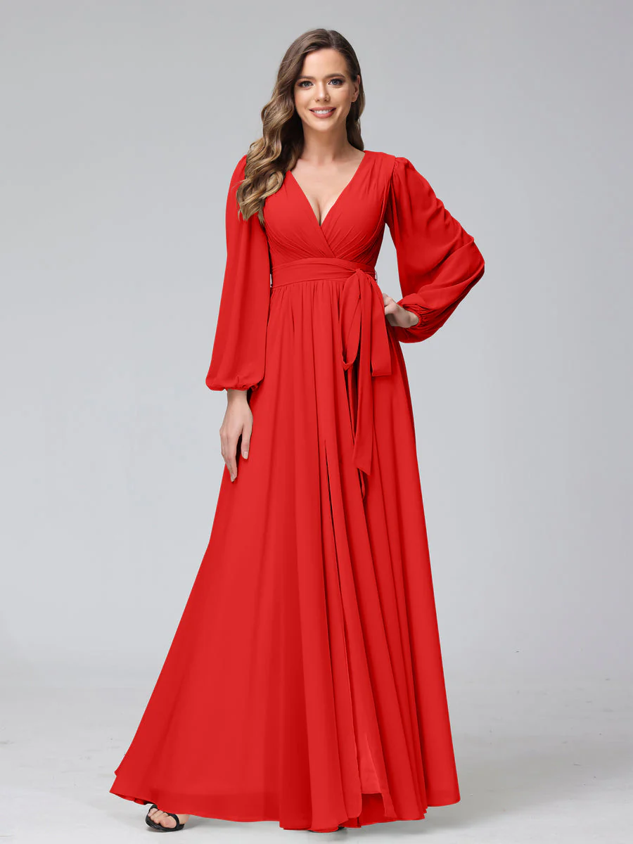 A-Line V-Neck Long Sleeves Chiffon Long Bridesmaid Dresses With Ruffles Split Side - Image 35