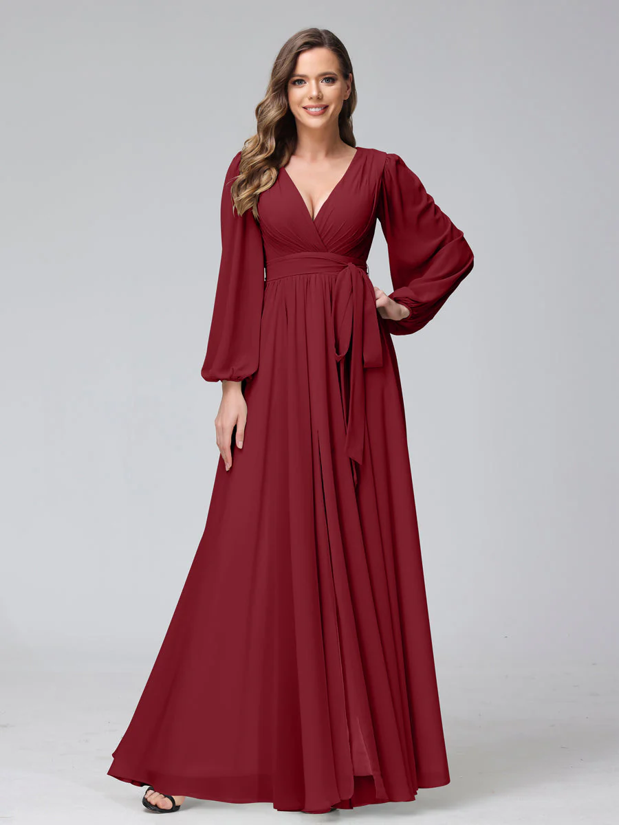 A-Line V-Neck Long Sleeves Chiffon Long Bridesmaid Dresses With Ruffles Split Side - Image 36