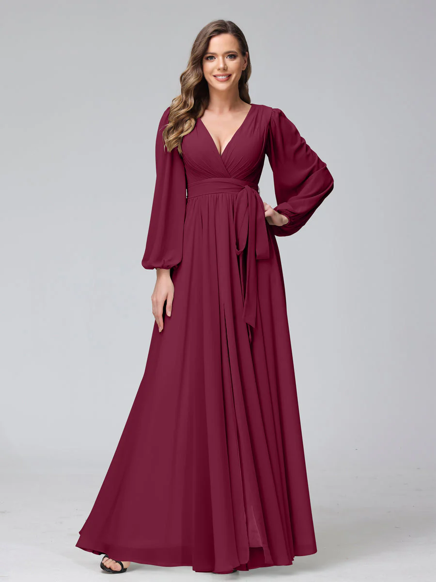 A-Line V-Neck Long Sleeves Chiffon Long Bridesmaid Dresses With Ruffles Split Side - Image 37