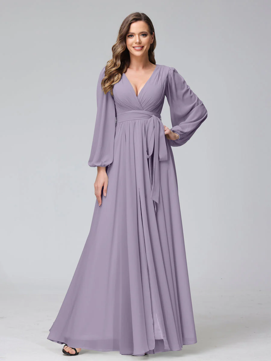A-Line V-Neck Long Sleeves Chiffon Long Bridesmaid Dresses With Ruffles Split Side - Image 38