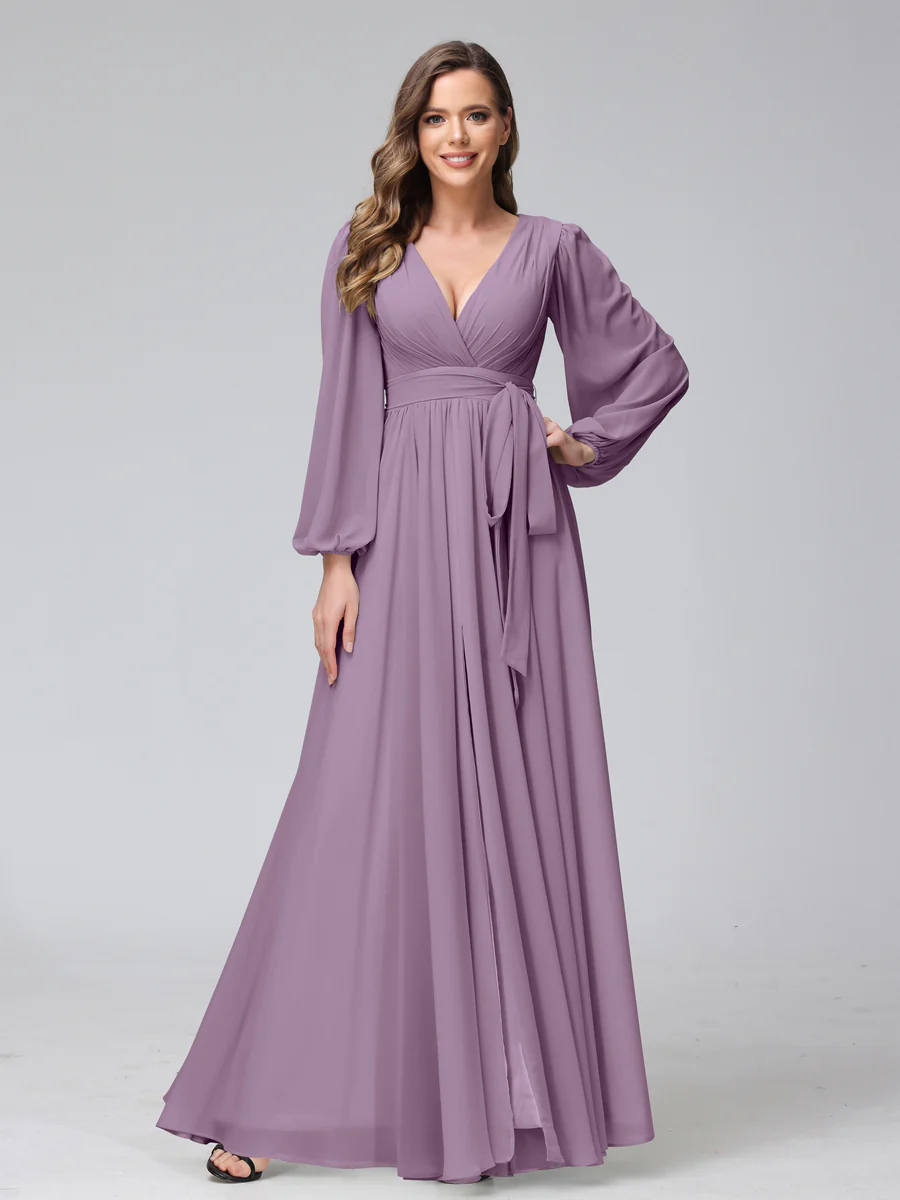 A-Line V-Neck Long Sleeves Chiffon Long Bridesmaid Dresses With Ruffles Split Side - Image 39