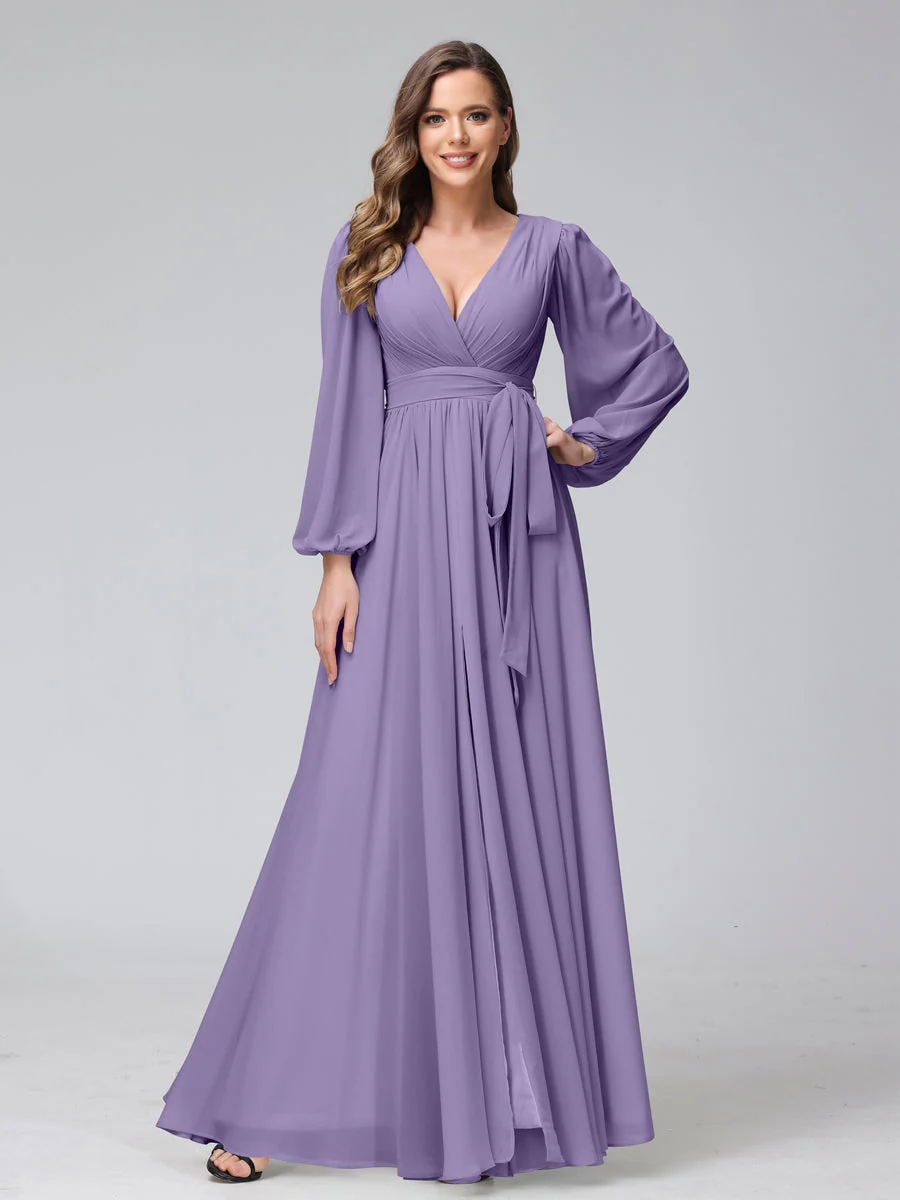 A-Line V-Neck Long Sleeves Chiffon Long Bridesmaid Dresses With Ruffles Split Side - Image 40
