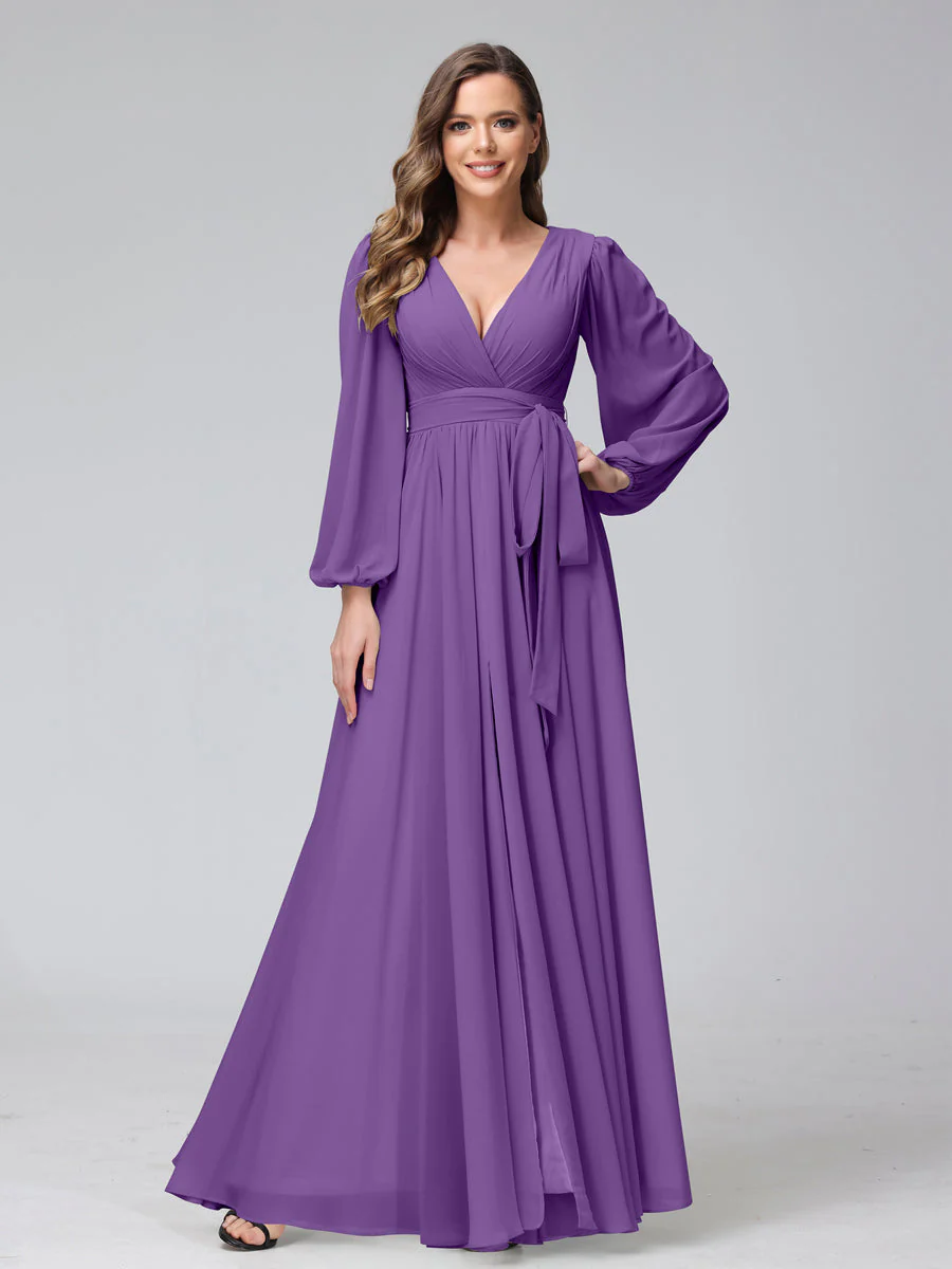 A-Line V-Neck Long Sleeves Chiffon Long Bridesmaid Dresses With Ruffles Split Side - Image 41