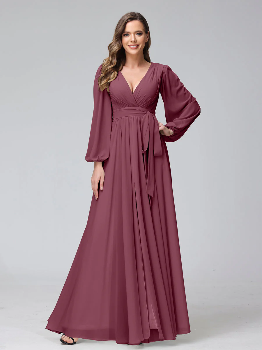 A-Line V-Neck Long Sleeves Chiffon Long Bridesmaid Dresses With Ruffles Split Side - Image 42