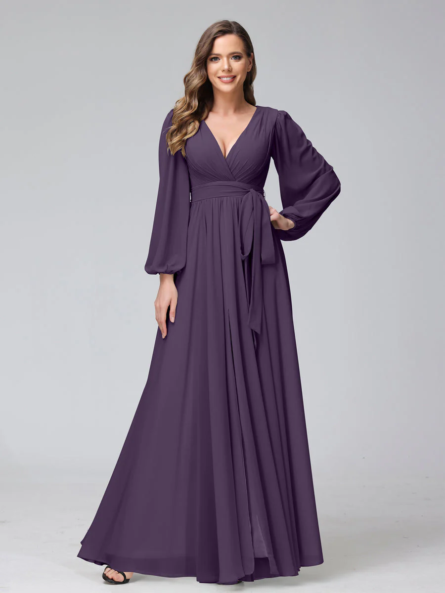 A-Line V-Neck Long Sleeves Chiffon Long Bridesmaid Dresses With Ruffles Split Side - Image 44