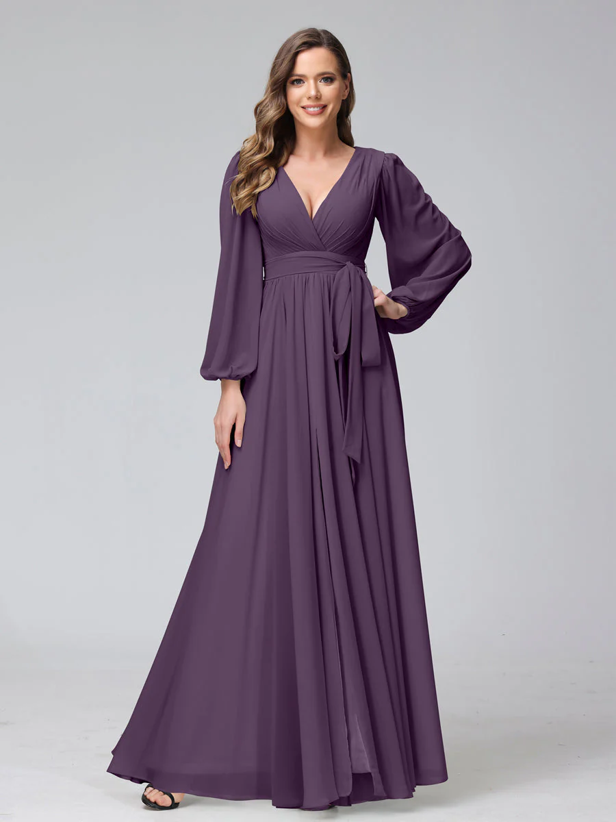 A-Line V-Neck Long Sleeves Chiffon Long Bridesmaid Dresses With Ruffles Split Side - Image 45