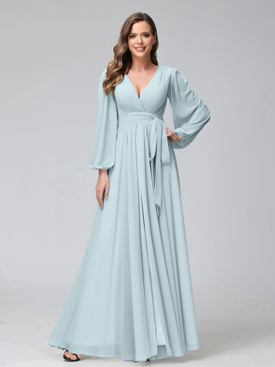 A-Line V-Neck Long Sleeves Chiffon Long Bridesmaid Dresses With Ruffles Split Side - Image 46