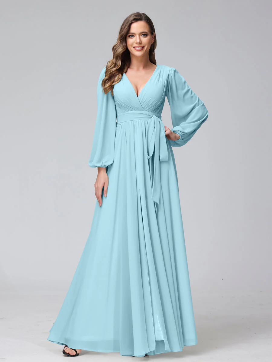 A-Line V-Neck Long Sleeves Chiffon Long Bridesmaid Dresses With Ruffles Split Side - Image 48