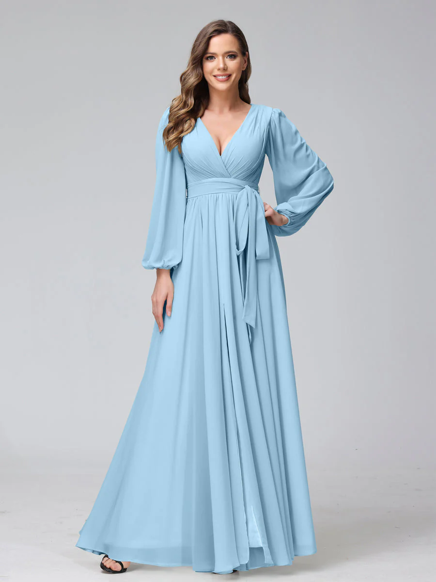 A-Line V-Neck Long Sleeves Chiffon Long Bridesmaid Dresses With Ruffles Split Side - Image 49