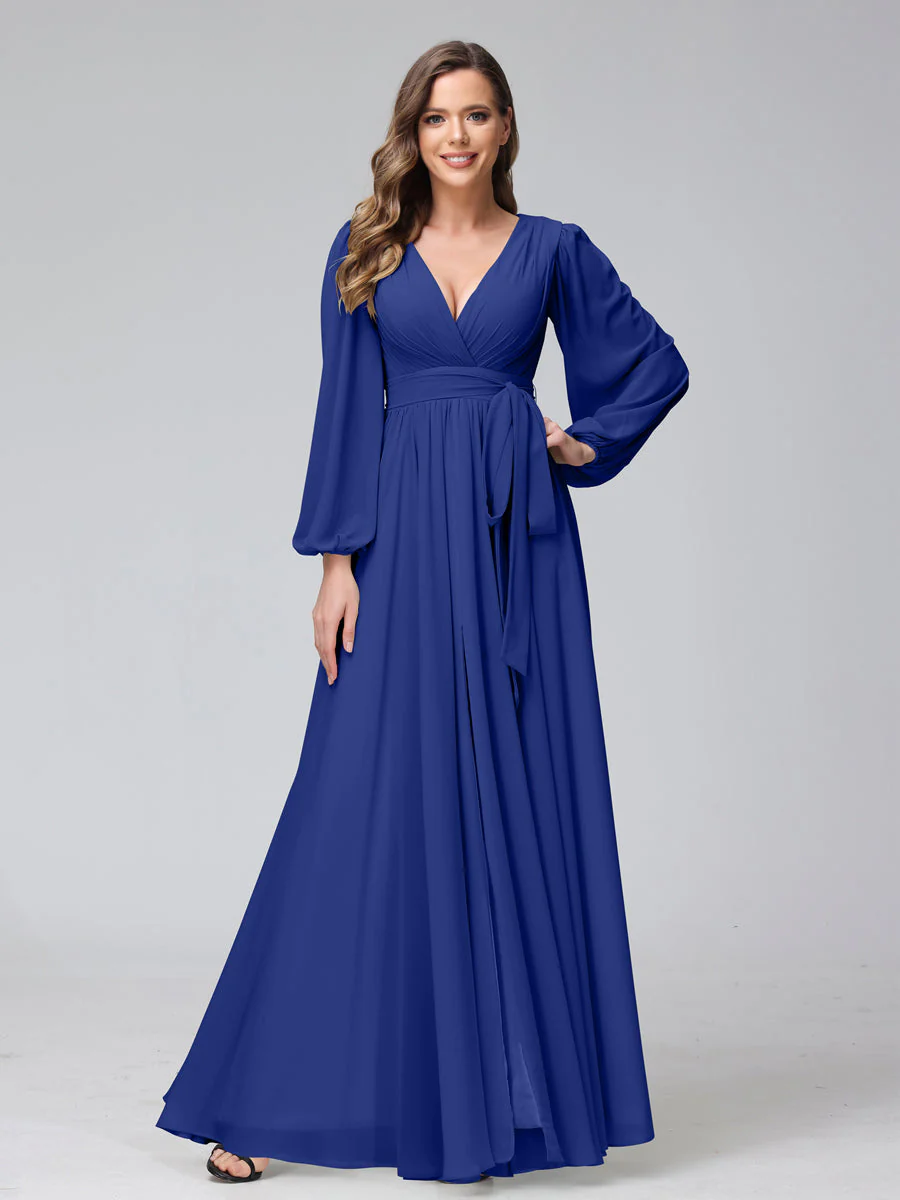 A-Line V-Neck Long Sleeves Chiffon Long Bridesmaid Dresses With Ruffles Split Side - Image 55
