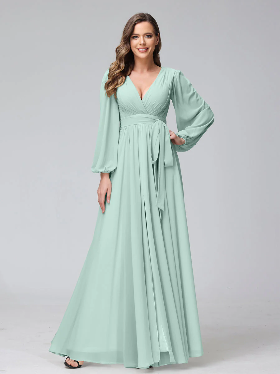 A-Line V-Neck Long Sleeves Chiffon Long Bridesmaid Dresses With Ruffles Split Side - Image 59