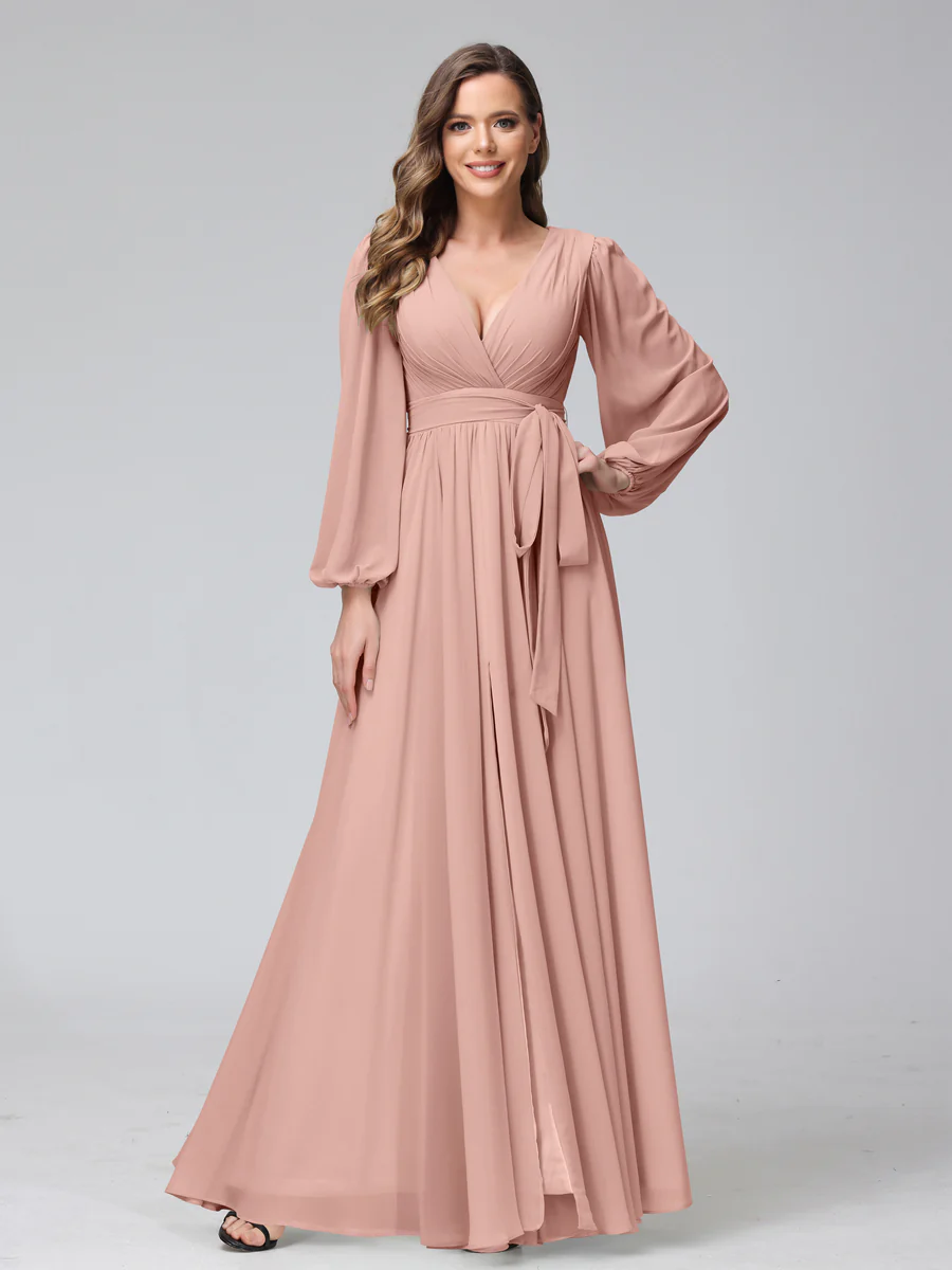 A-Line V-Neck Long Sleeves Chiffon Long Bridesmaid Dresses With Ruffles Split Side - Image 6