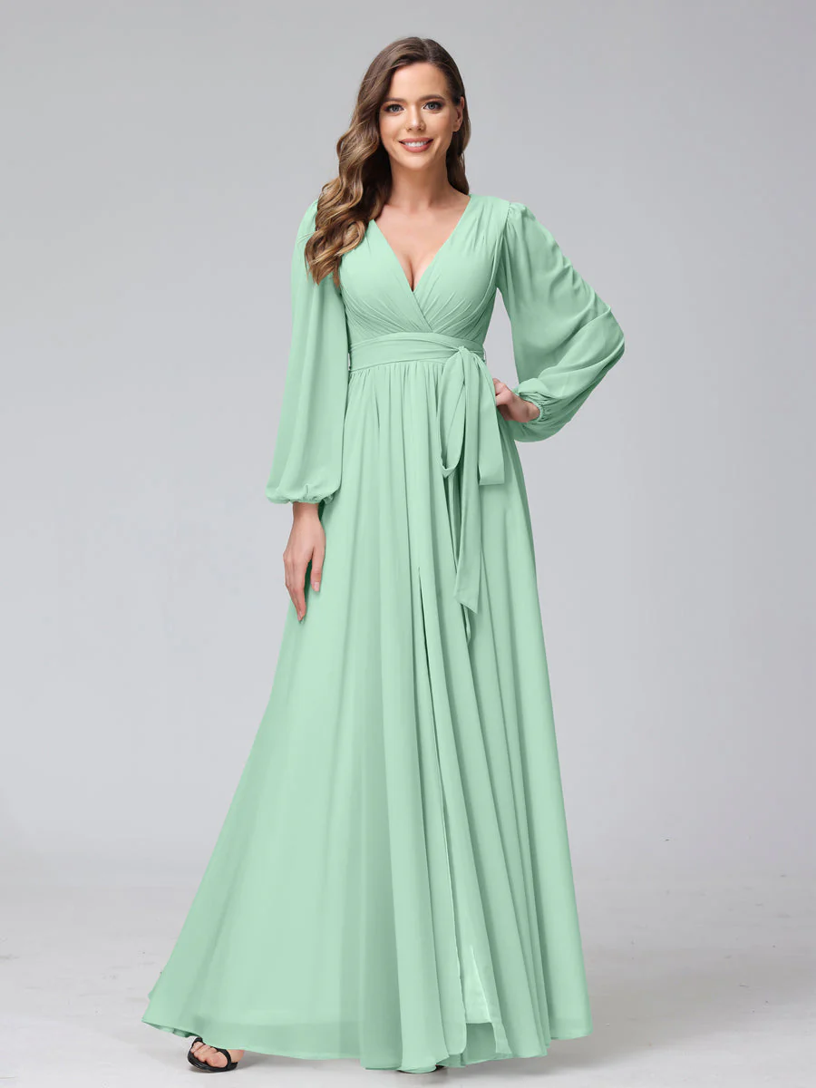A-Line V-Neck Long Sleeves Chiffon Long Bridesmaid Dresses With Ruffles Split Side - Image 60