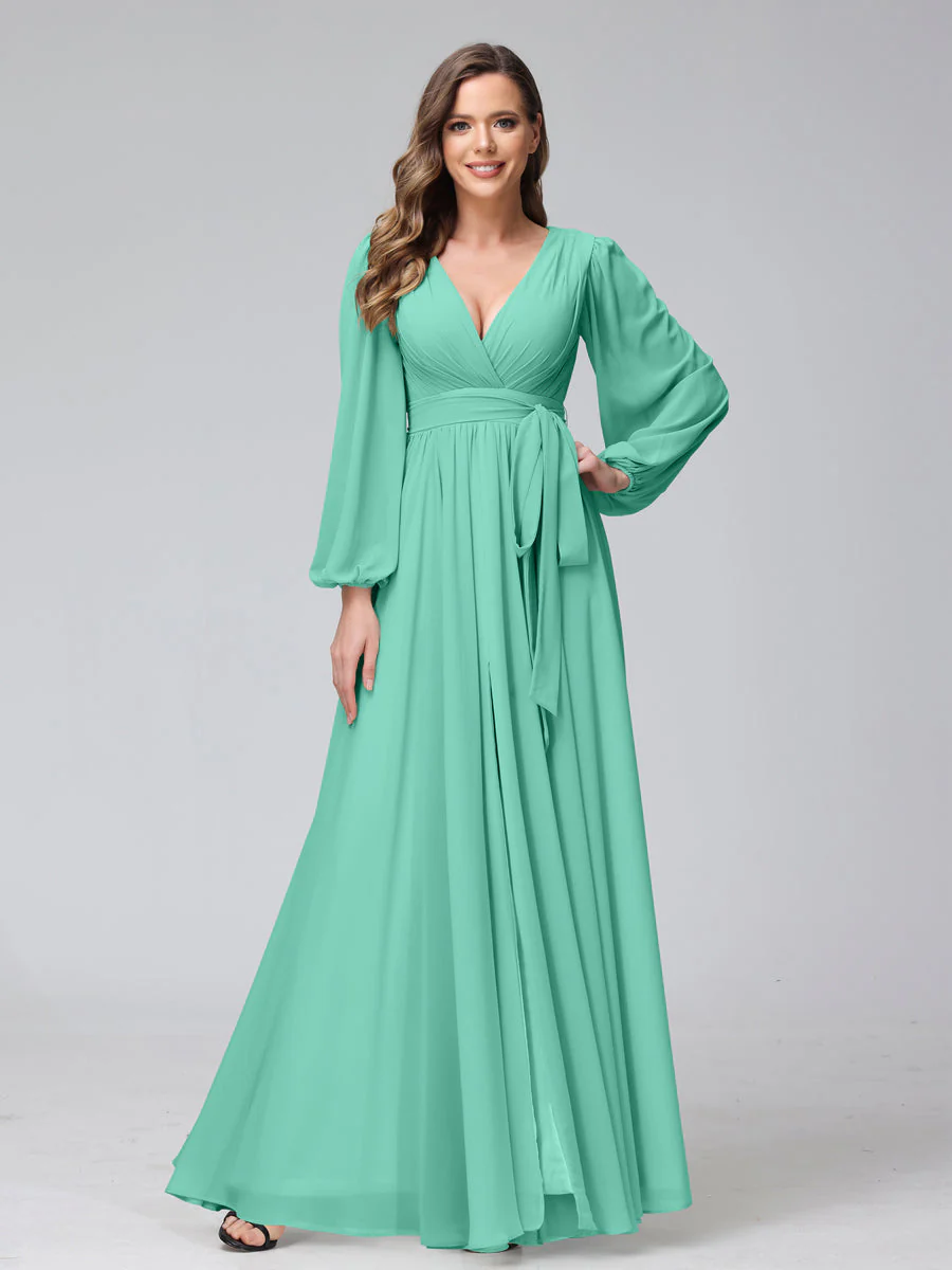A-Line V-Neck Long Sleeves Chiffon Long Bridesmaid Dresses With Ruffles Split Side - Image 61