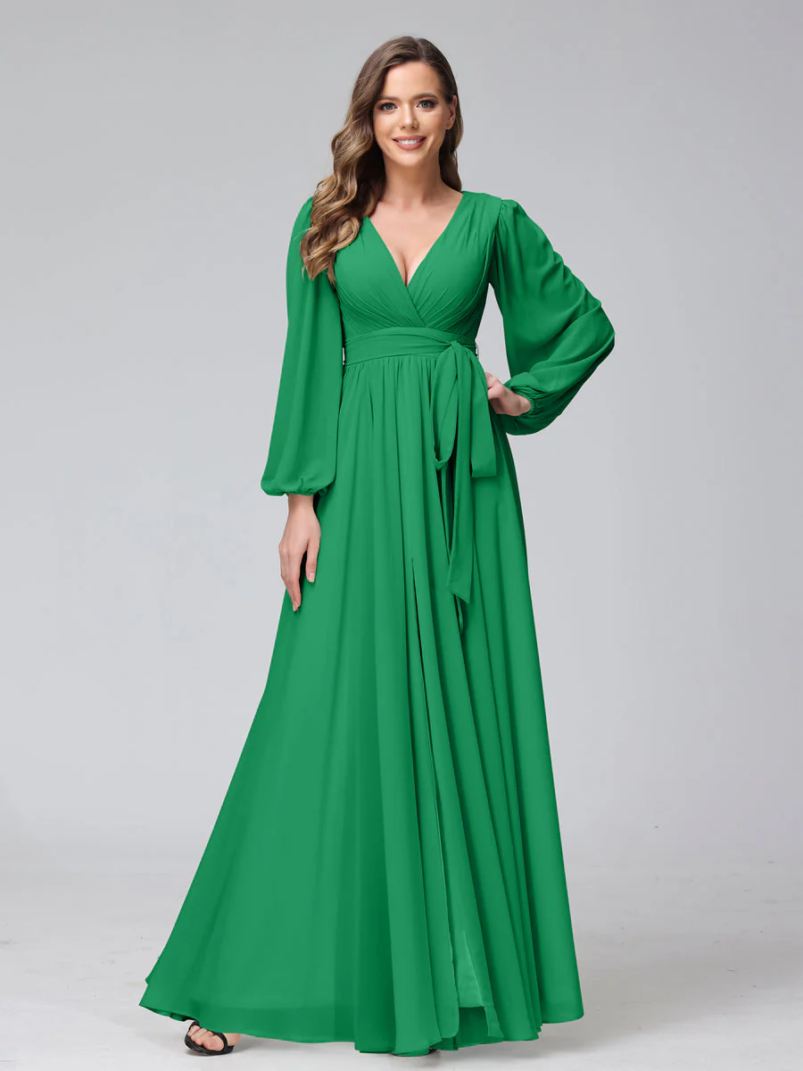 A-Line V-Neck Long Sleeves Chiffon Long Bridesmaid Dresses With Ruffles Split Side - Image 63