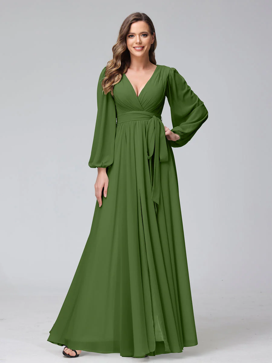 A-Line V-Neck Long Sleeves Chiffon Long Bridesmaid Dresses With Ruffles Split Side - Image 64