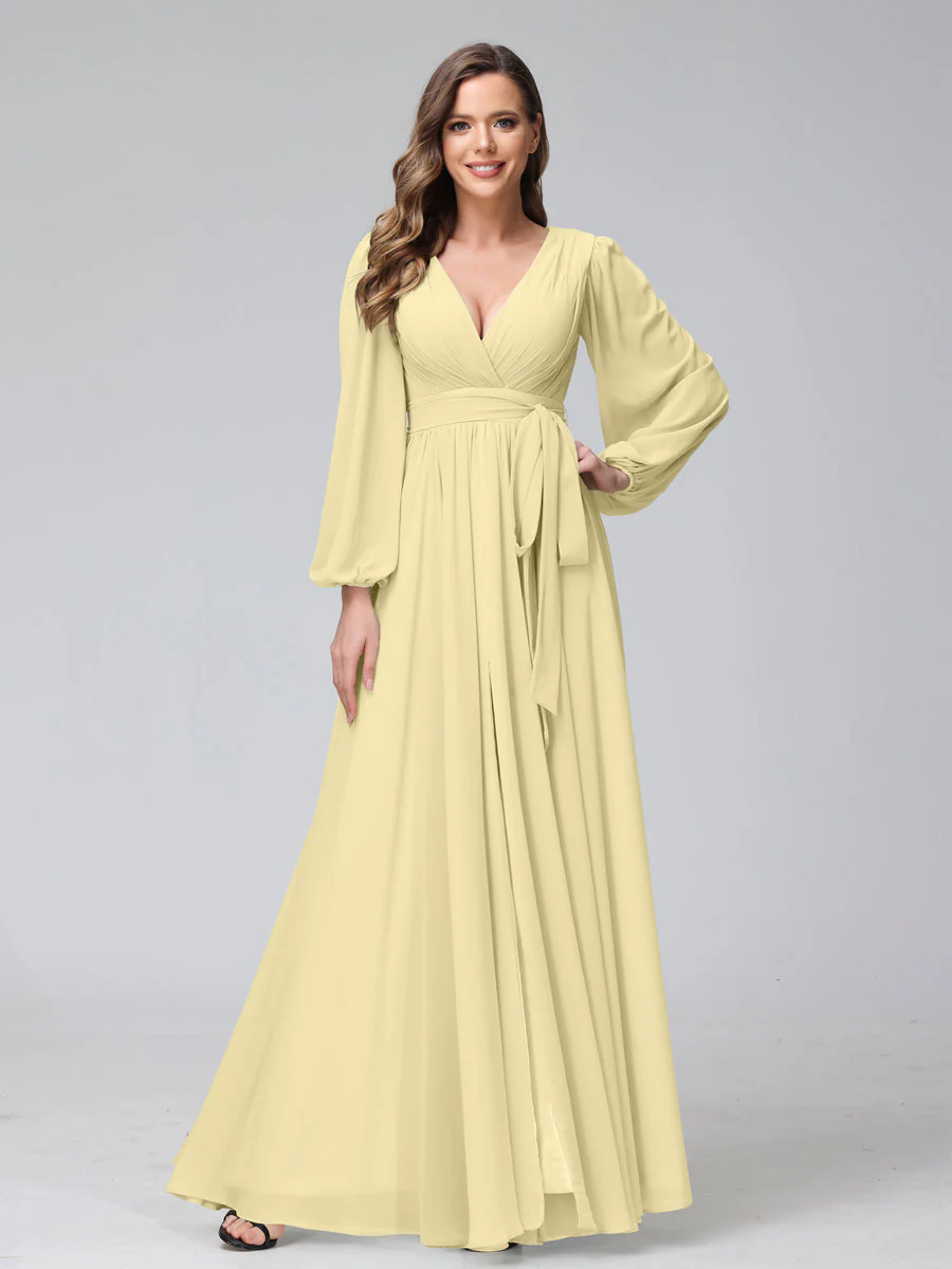 A-Line V-Neck Long Sleeves Chiffon Long Bridesmaid Dresses With Ruffles Split Side - Image 67