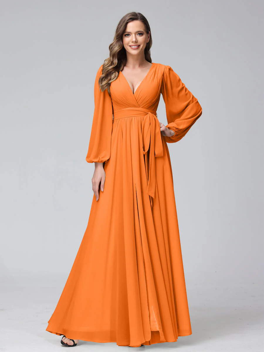 A-Line V-Neck Long Sleeves Chiffon Long Bridesmaid Dresses With Ruffles Split Side - Image 71