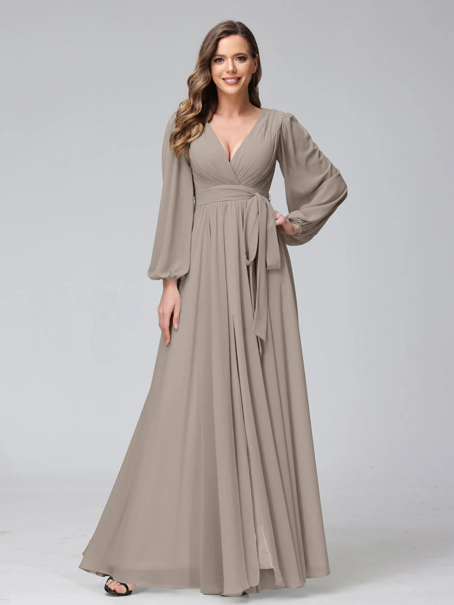 A-Line V-Neck Long Sleeves Chiffon Long Bridesmaid Dresses With Ruffles Split Side - Image 72