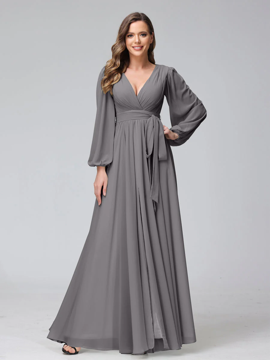 A-Line V-Neck Long Sleeves Chiffon Long Bridesmaid Dresses With Ruffles Split Side - Image 73