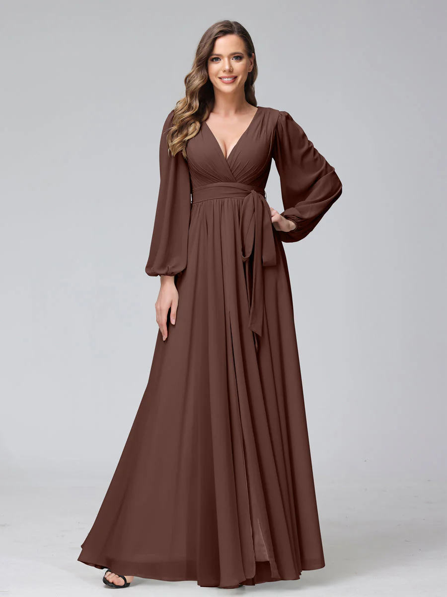 A-Line V-Neck Long Sleeves Chiffon Long Bridesmaid Dresses With Ruffles Split Side - Image 75