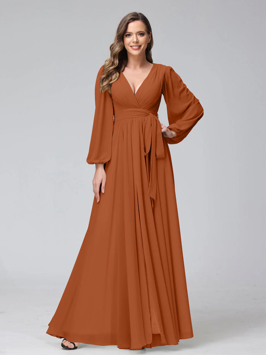 A-Line V-Neck Long Sleeves Chiffon Long Bridesmaid Dresses With Ruffles Split Side - Image 8