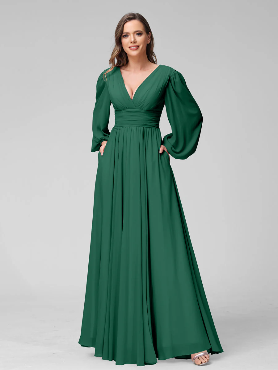 A-Line V-Neck Long Sleeves Long Chiffon Bridesmaid Dresses With Split Side Pockets - Image 11