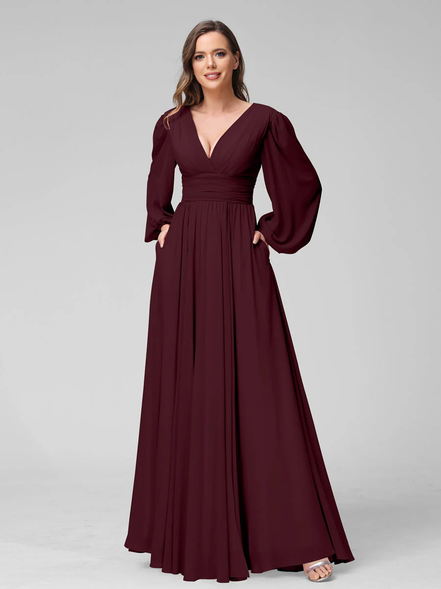 A-Line V-Neck Long Sleeves Long Chiffon Bridesmaid Dresses With Split Side Pockets - Image 12