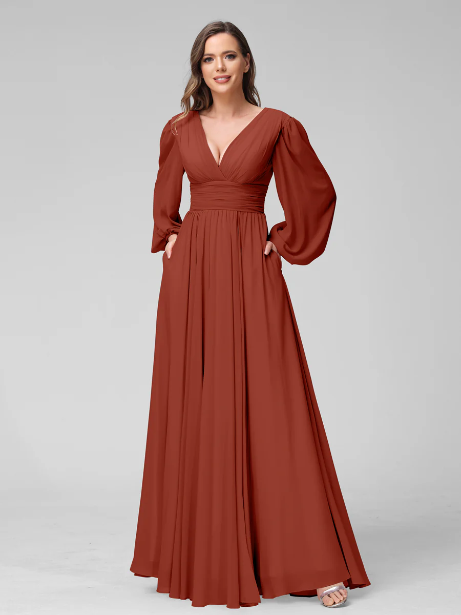 A-Line V-Neck Long Sleeves Long Chiffon Bridesmaid Dresses With Split Side Pockets - Image 13