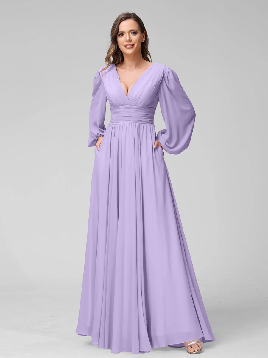 A-Line V-Neck Long Sleeves Long Chiffon Bridesmaid Dresses With Split Side Pockets - Image 14