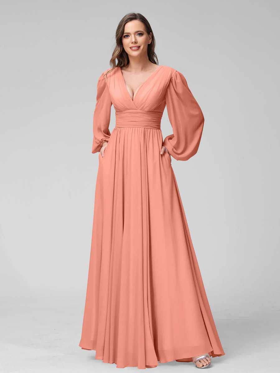 A-Line V-Neck Long Sleeves Long Chiffon Bridesmaid Dresses With Split Side Pockets - Image 15