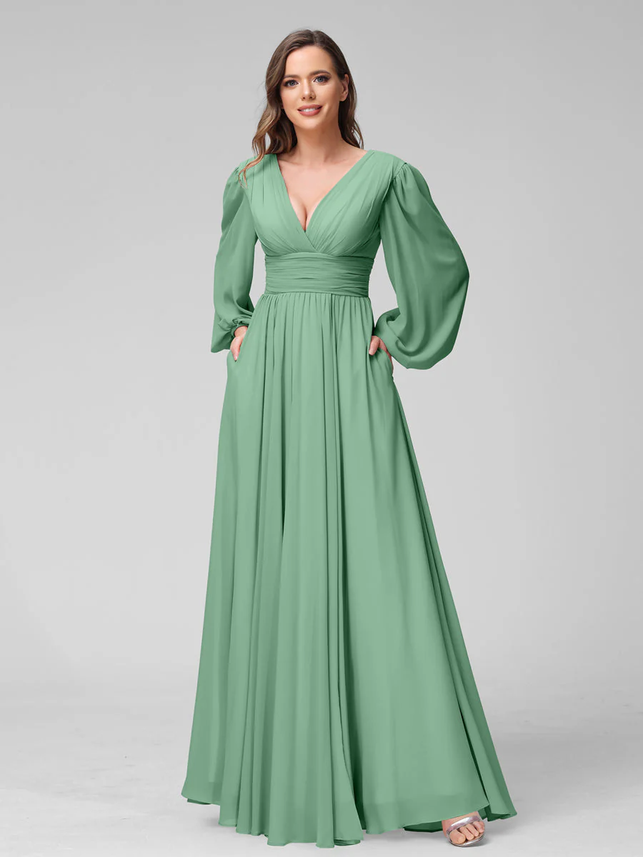 A-Line V-Neck Long Sleeves Long Chiffon Bridesmaid Dresses With Split Side Pockets - Image 17