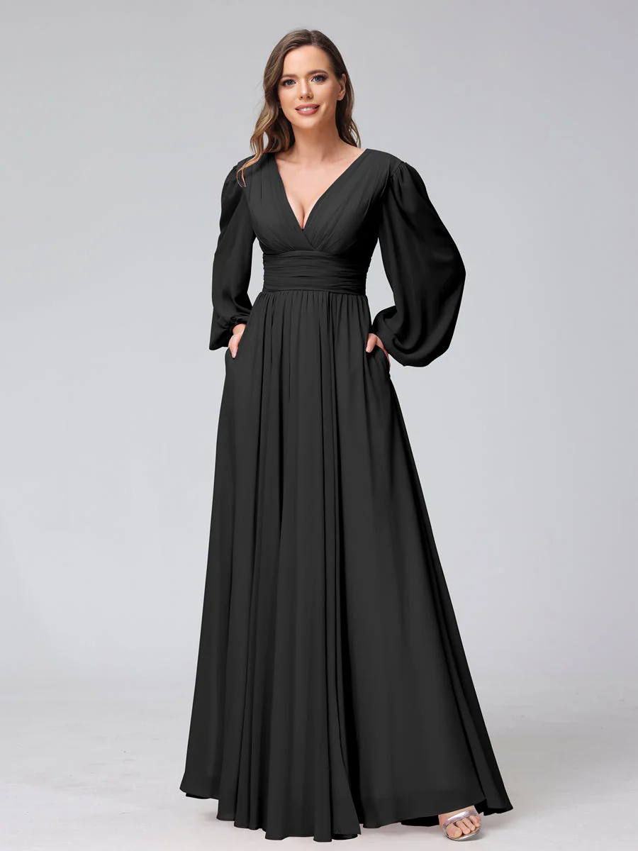 A-Line V-Neck Long Sleeves Long Chiffon Bridesmaid Dresses With Split Side Pockets - Image 18