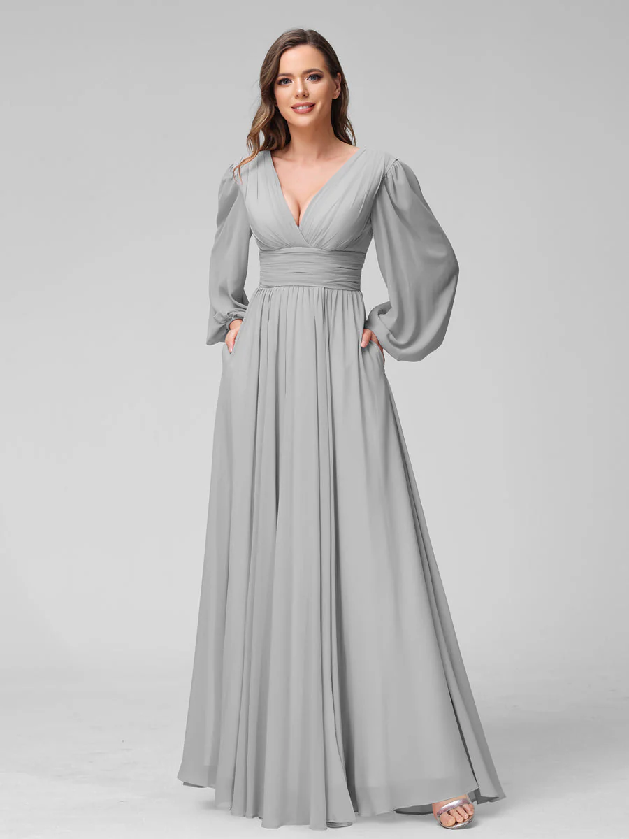 A-Line V-Neck Long Sleeves Long Chiffon Bridesmaid Dresses With Split Side Pockets - Image 22