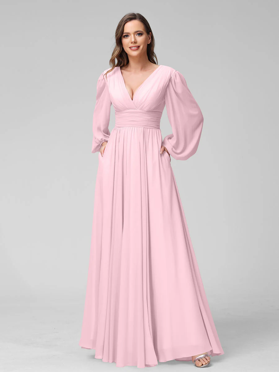 A-Line V-Neck Long Sleeves Long Chiffon Bridesmaid Dresses With Split Side Pockets - Image 25