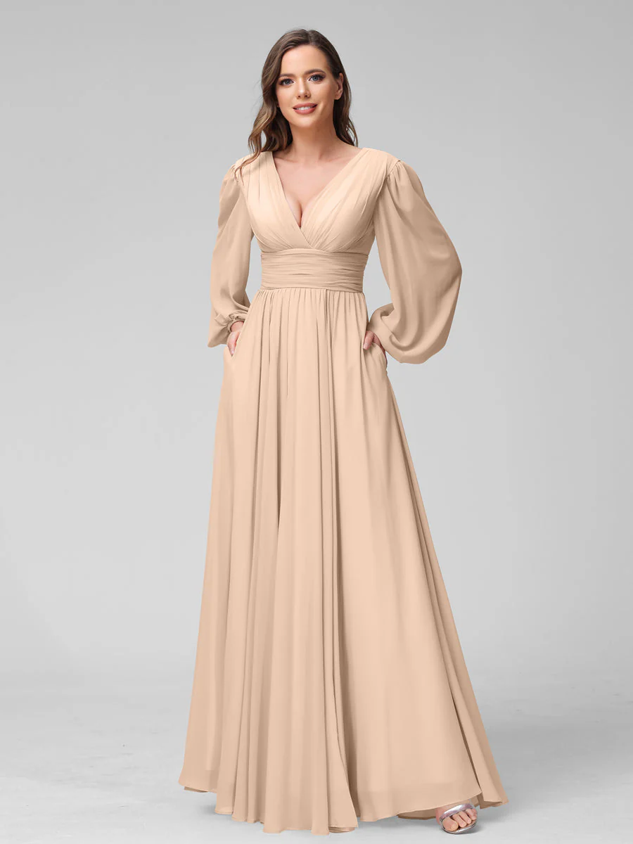 A-Line V-Neck Long Sleeves Long Chiffon Bridesmaid Dresses With Split Side Pockets - Image 29