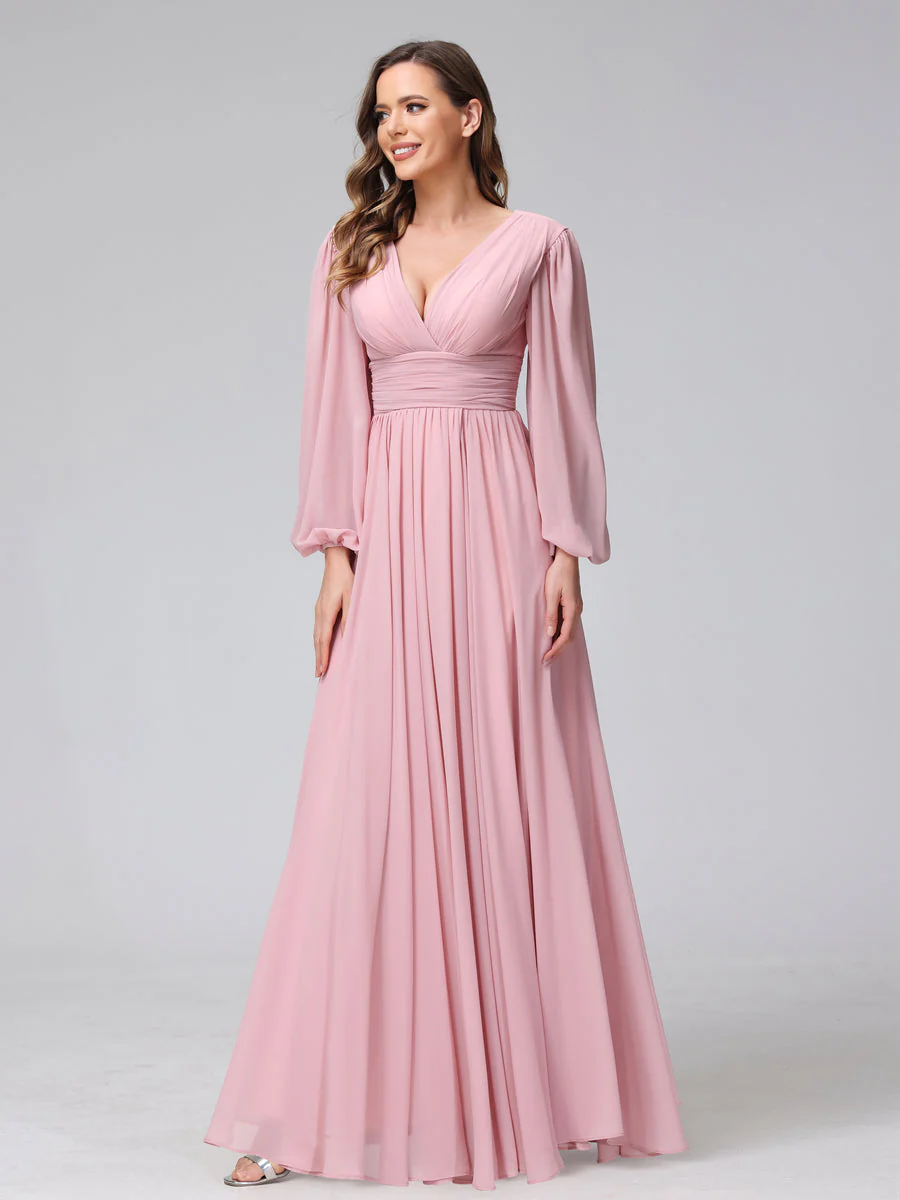 A-Line V-Neck Long Sleeves Long Chiffon Bridesmaid Dresses With Split Side Pockets - Image 3