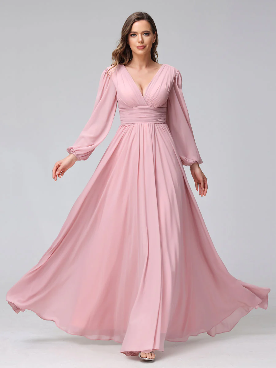 A-Line V-Neck Long Sleeves Long Chiffon Bridesmaid Dresses With Split Side Pockets - Image 4