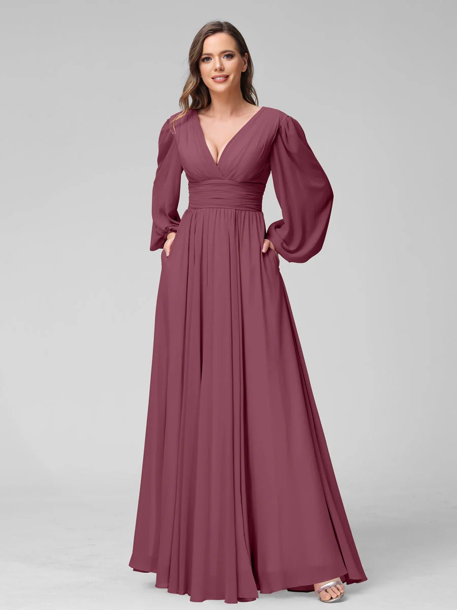 A-Line V-Neck Long Sleeves Long Chiffon Bridesmaid Dresses With Split Side Pockets - Image 43