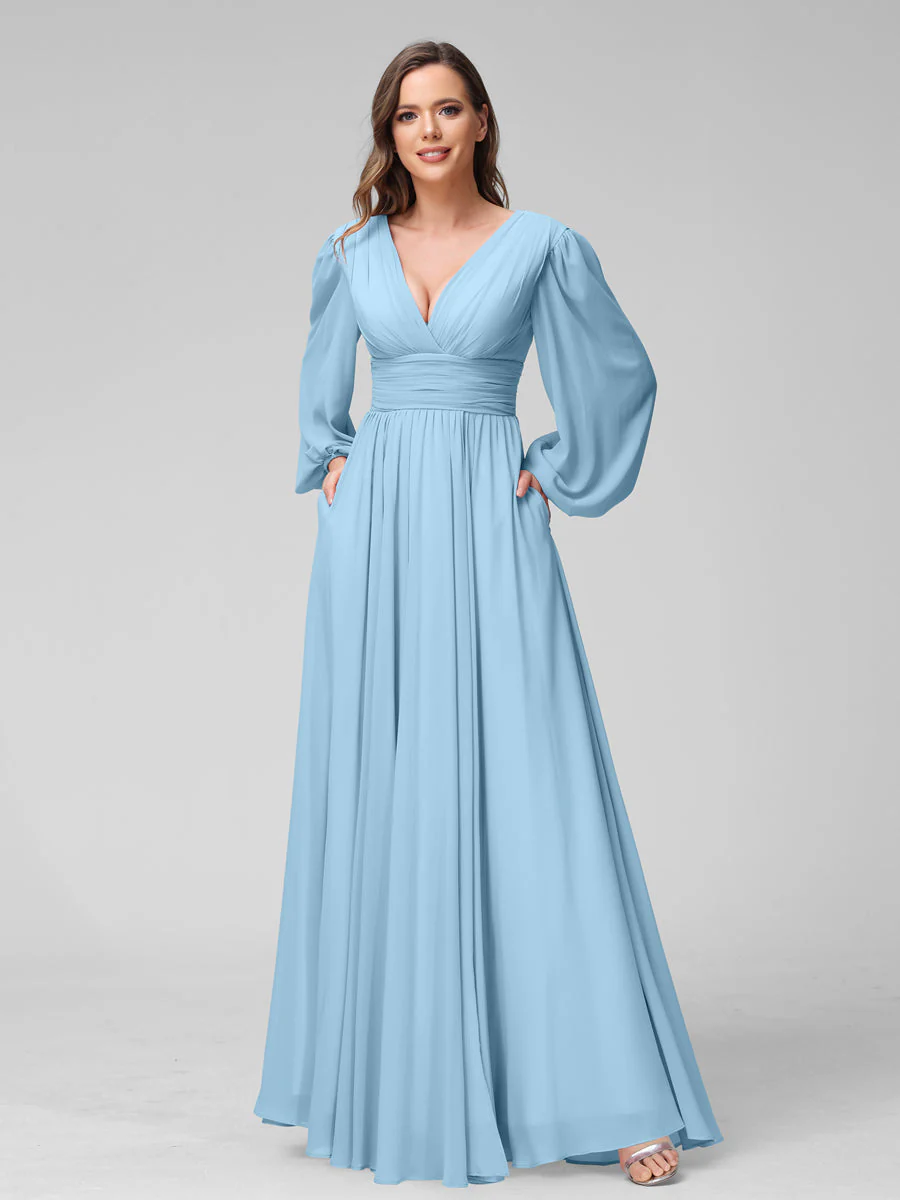 A-Line V-Neck Long Sleeves Long Chiffon Bridesmaid Dresses With Split Side Pockets - Image 50