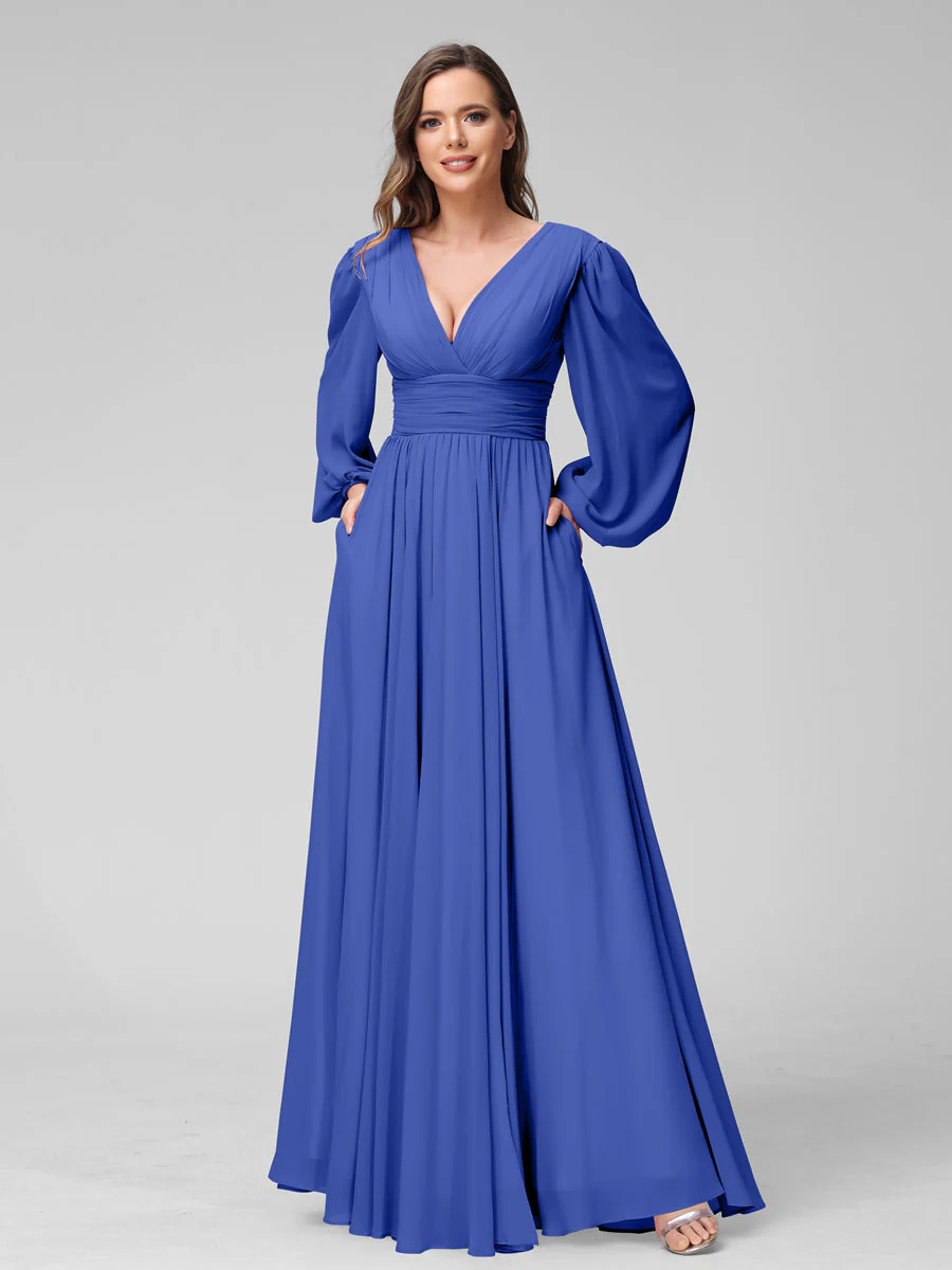 A-Line V-Neck Long Sleeves Long Chiffon Bridesmaid Dresses With Split Side Pockets - Image 54