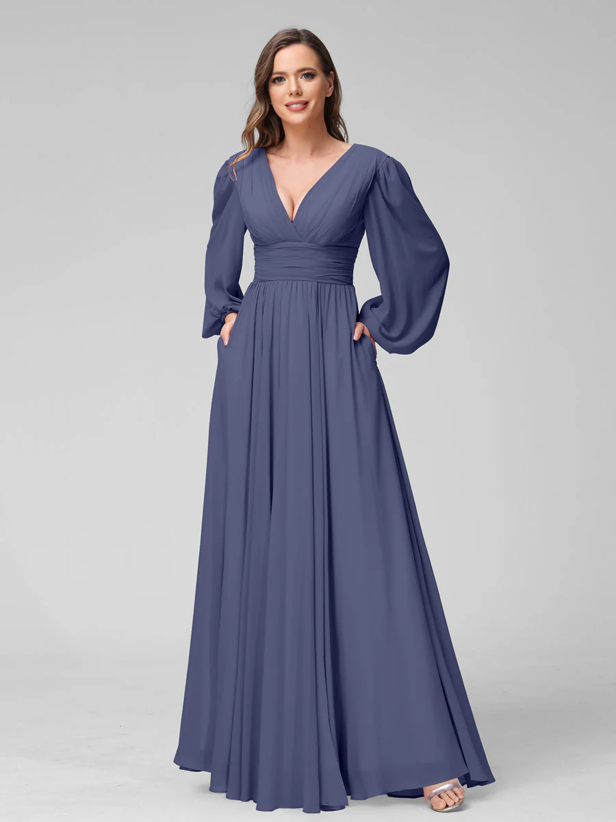 A-Line V-Neck Long Sleeves Long Chiffon Bridesmaid Dresses With Split Side Pockets - Image 57