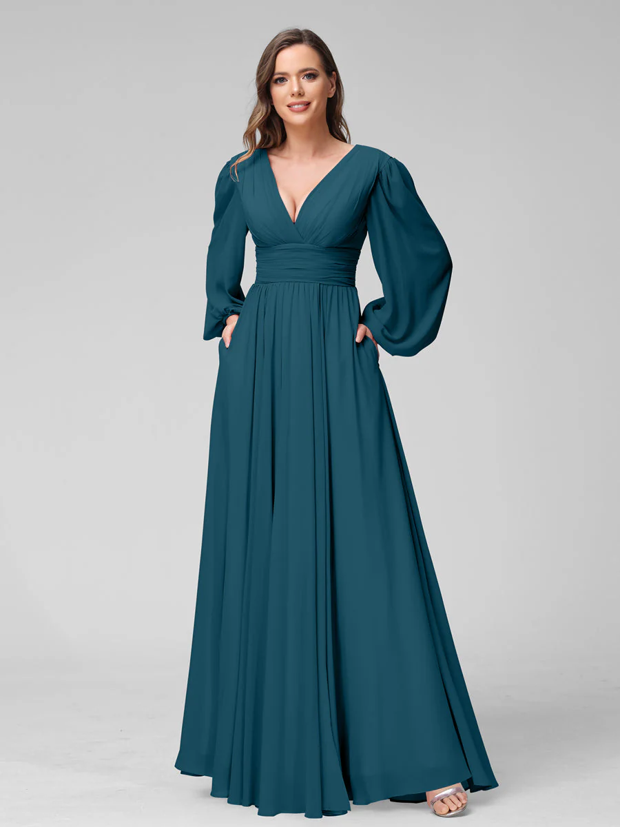 A-Line V-Neck Long Sleeves Long Chiffon Bridesmaid Dresses With Split Side Pockets - Image 58