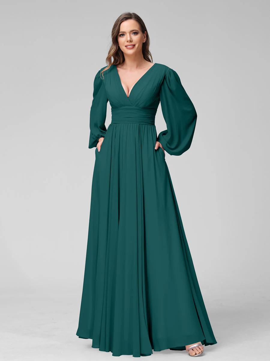 A-Line V-Neck Long Sleeves Long Chiffon Bridesmaid Dresses With Split Side Pockets - Image 66