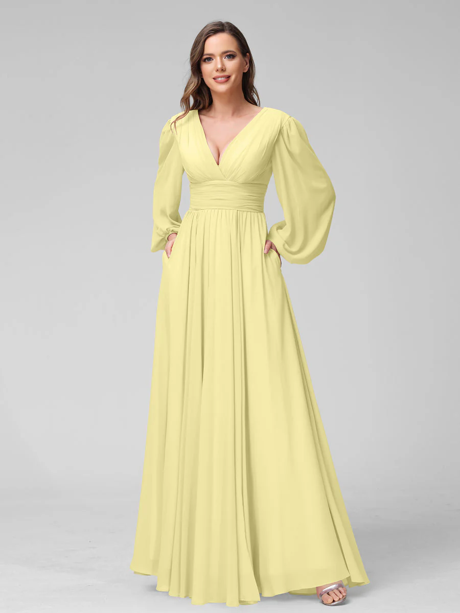 A-Line V-Neck Long Sleeves Long Chiffon Bridesmaid Dresses With Split Side Pockets - Image 69