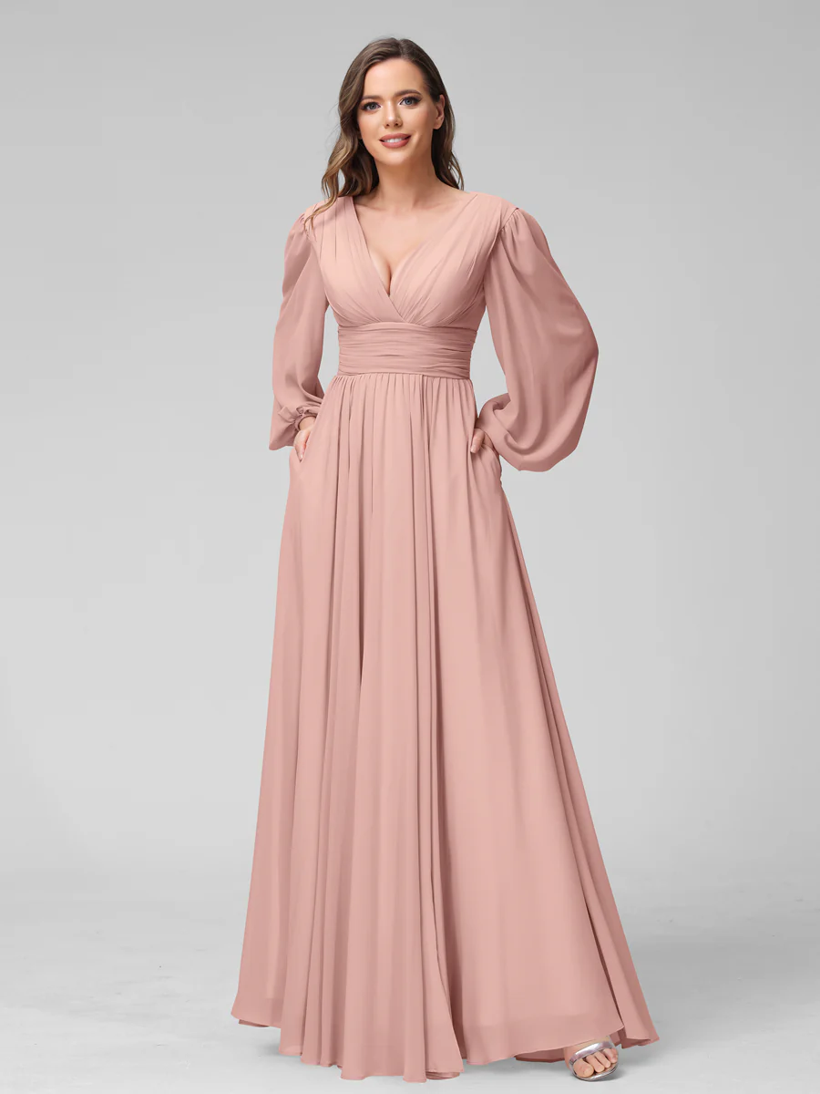 A-Line V-Neck Long Sleeves Long Chiffon Bridesmaid Dresses With Split Side Pockets - Image 7