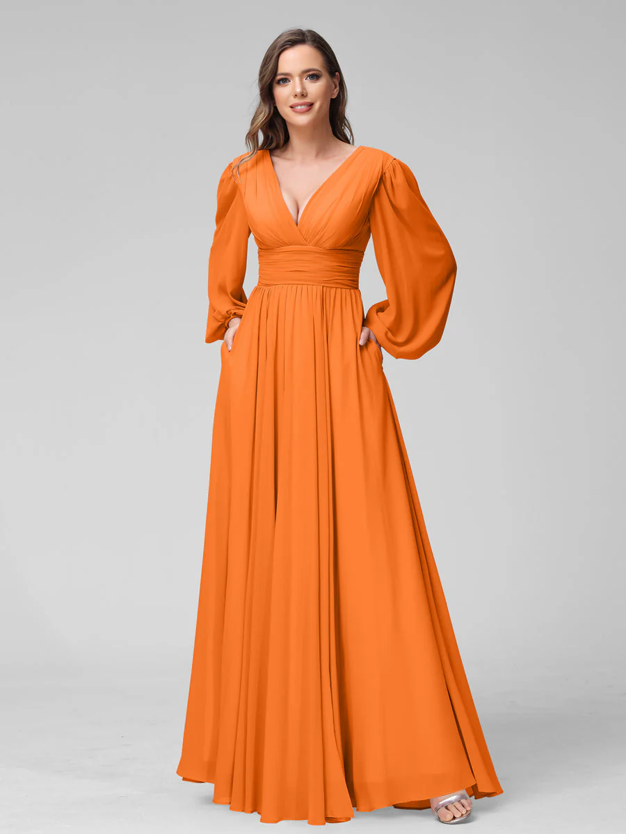 A-Line V-Neck Long Sleeves Long Chiffon Bridesmaid Dresses With Split Side Pockets - Image 72